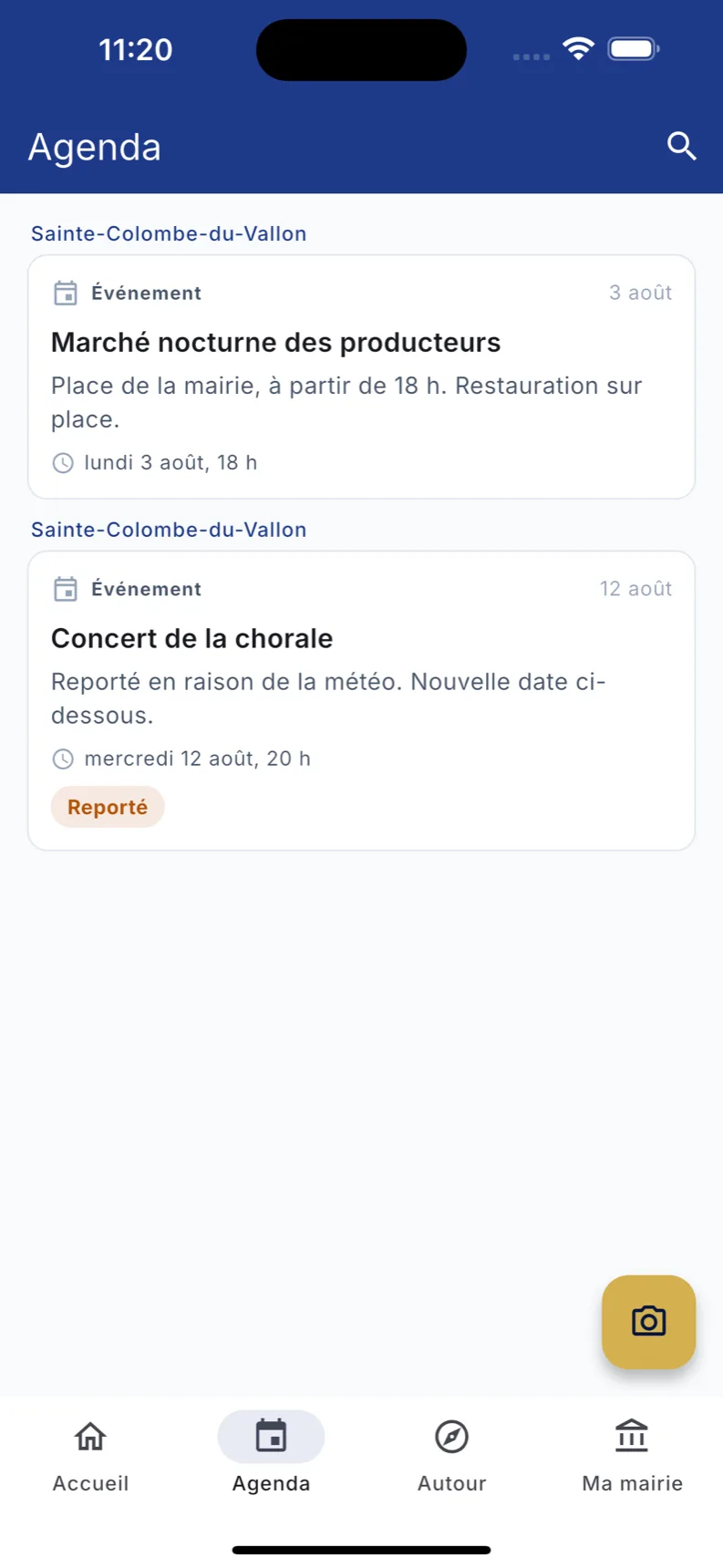 Agenda municipal dans l'application mobile de la commune : marché nocturne et concert