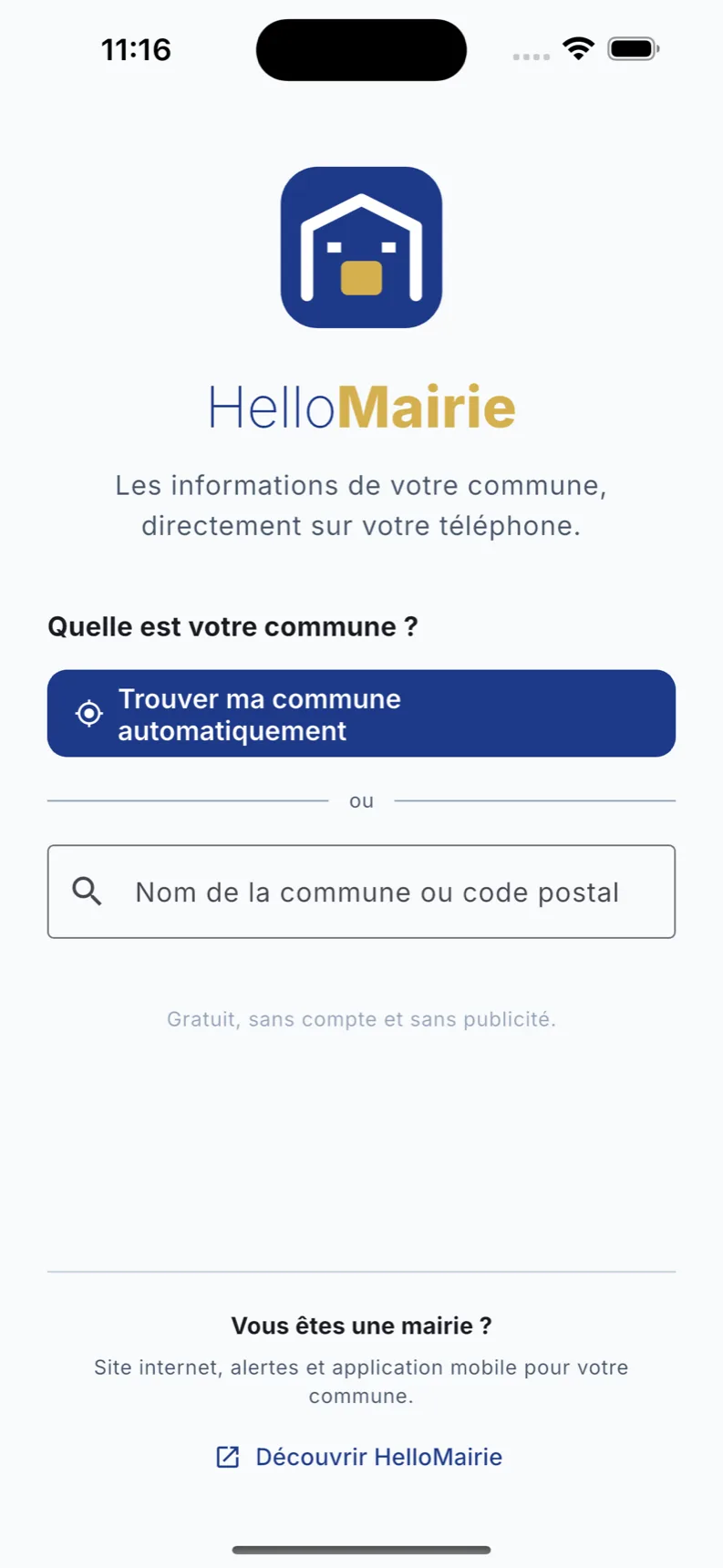 Écran d'accueil de l'application mobile HelloMairie : choix de la commune, gratuit et sans compte