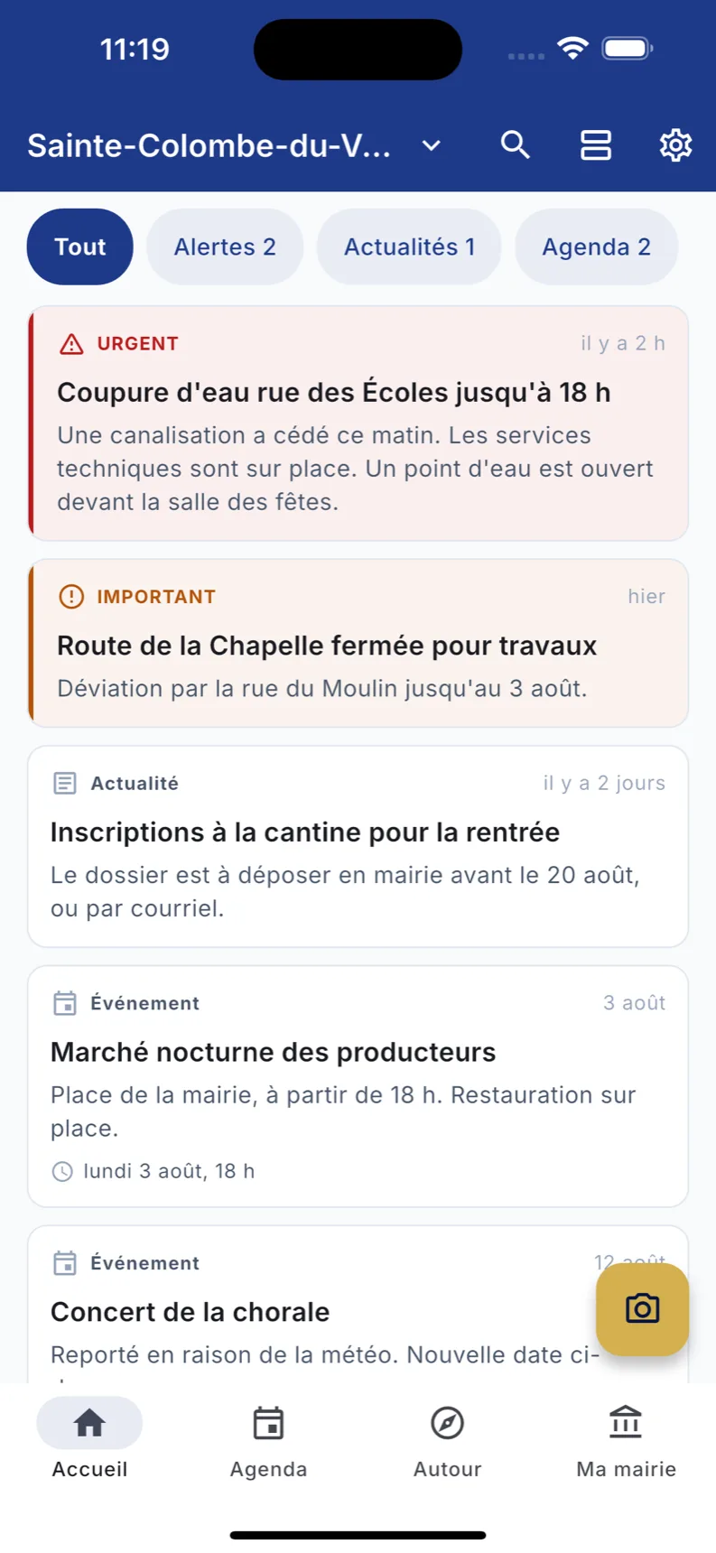 Application mobile de mairie : fil d'actualités et alertes de la commune sur un iPhone