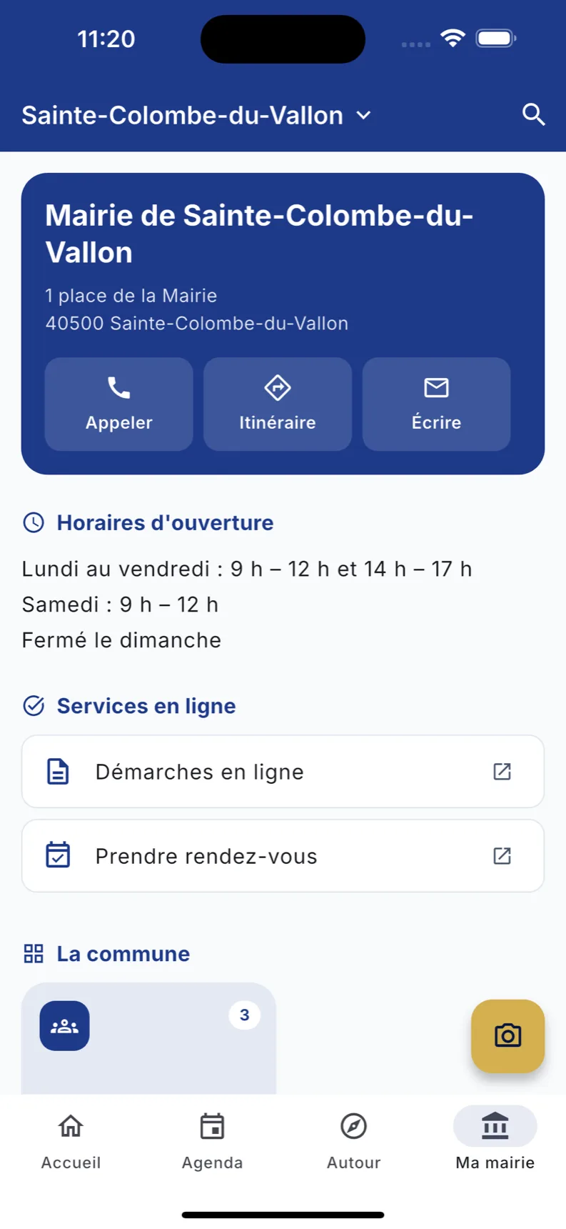 Horaires d'ouverture, contact de la mairie et démarches en ligne dans l'application mobile