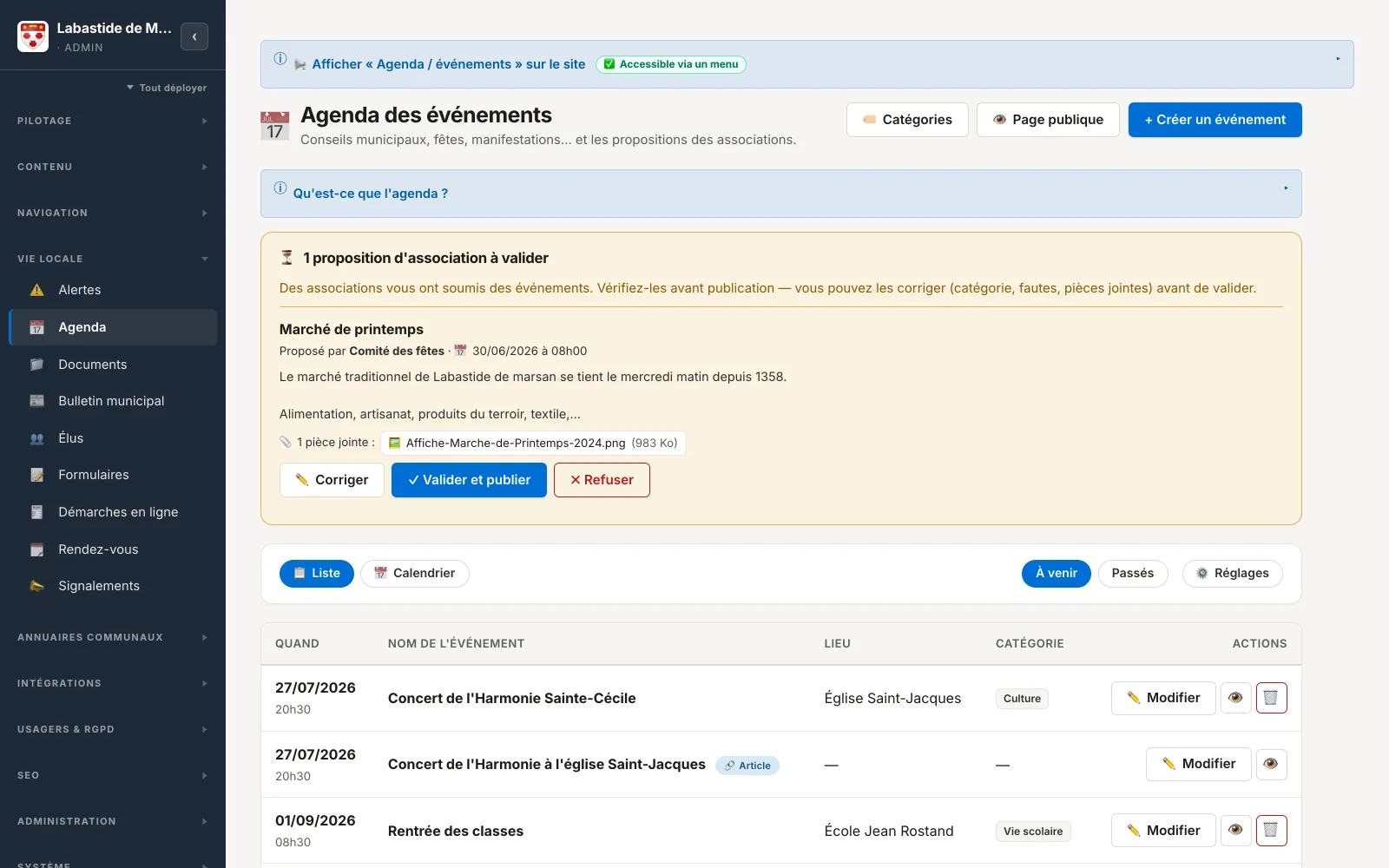 Administration de l'agenda : liste des événements et proposition d'association en attente de validation