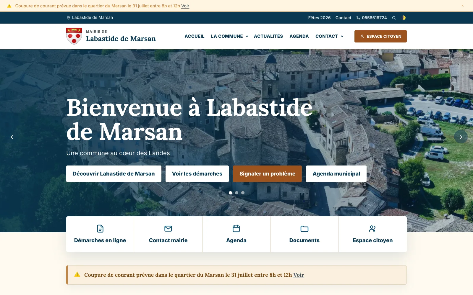 Page d'accueil d'un site communal avec le bandeau d'alerte annonçant une coupure de courant