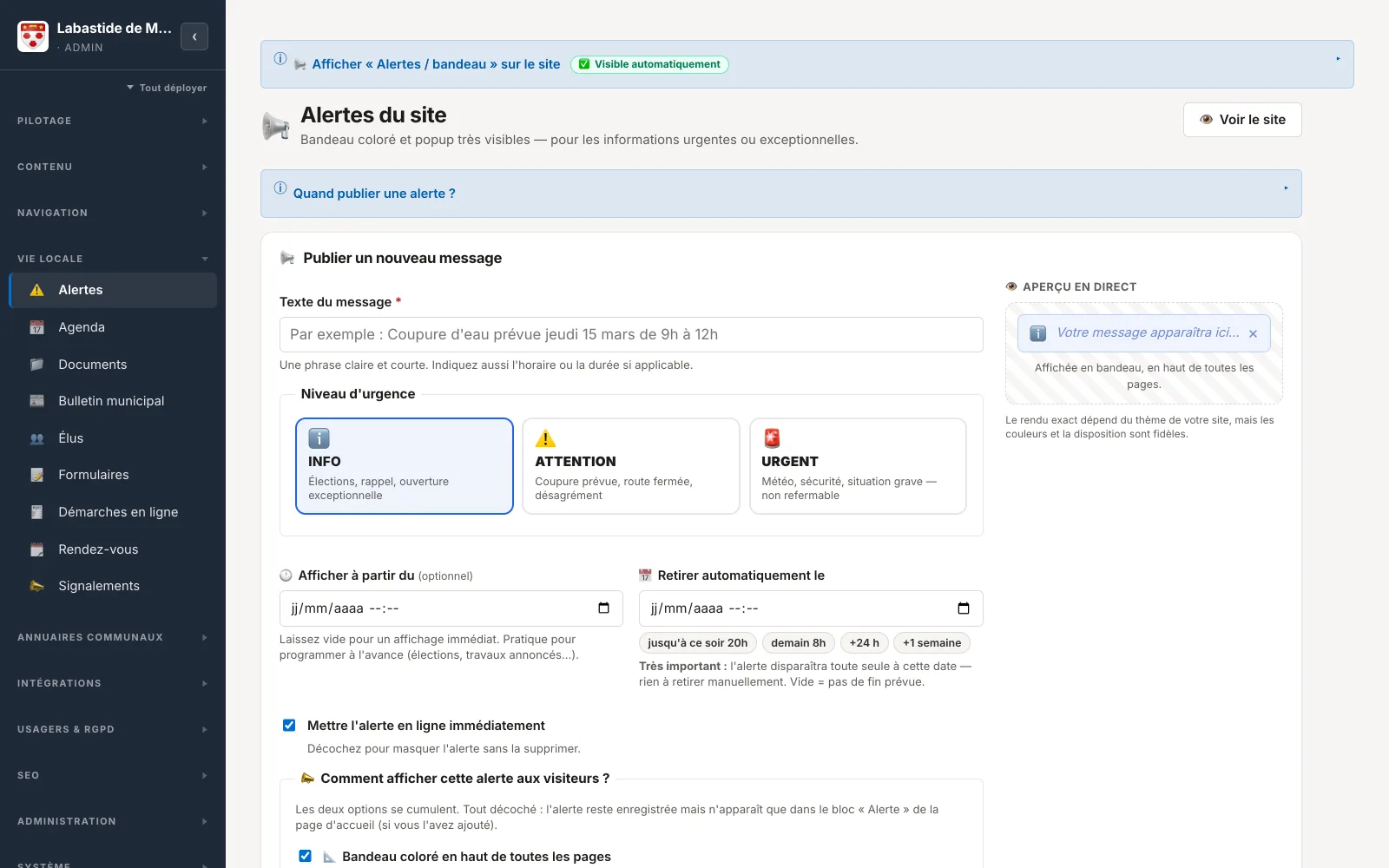 Écran de publication d'une alerte : titre, message, niveau d'urgence et date d'expiration