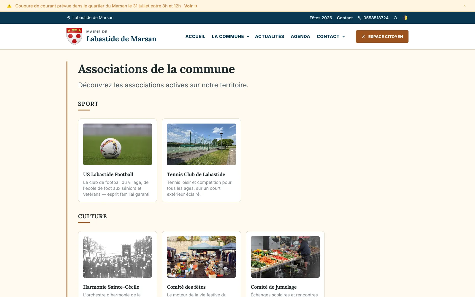 Annuaire public des associations de la commune, avec une fiche par association