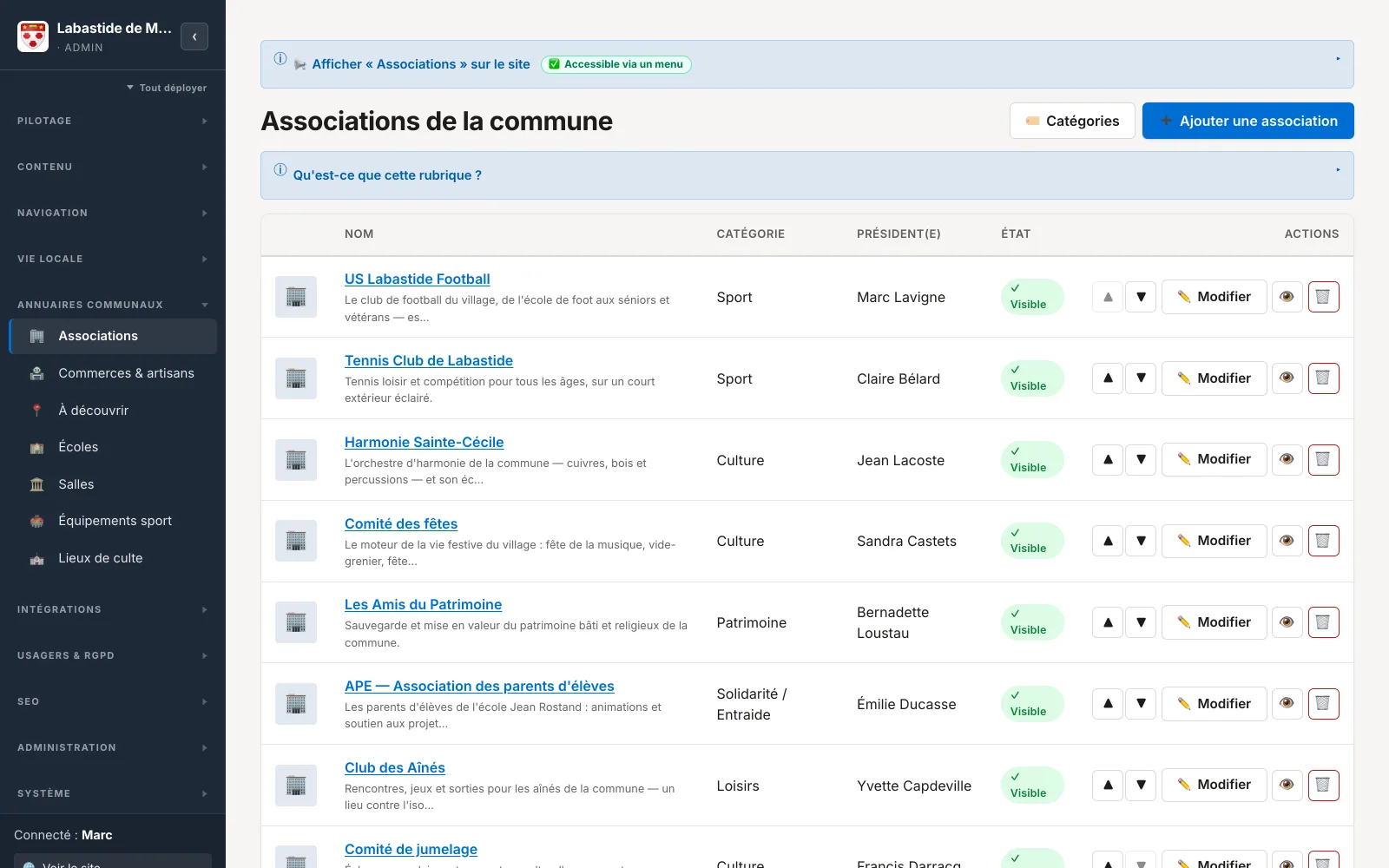 Administration de l'annuaire des associations de la commune