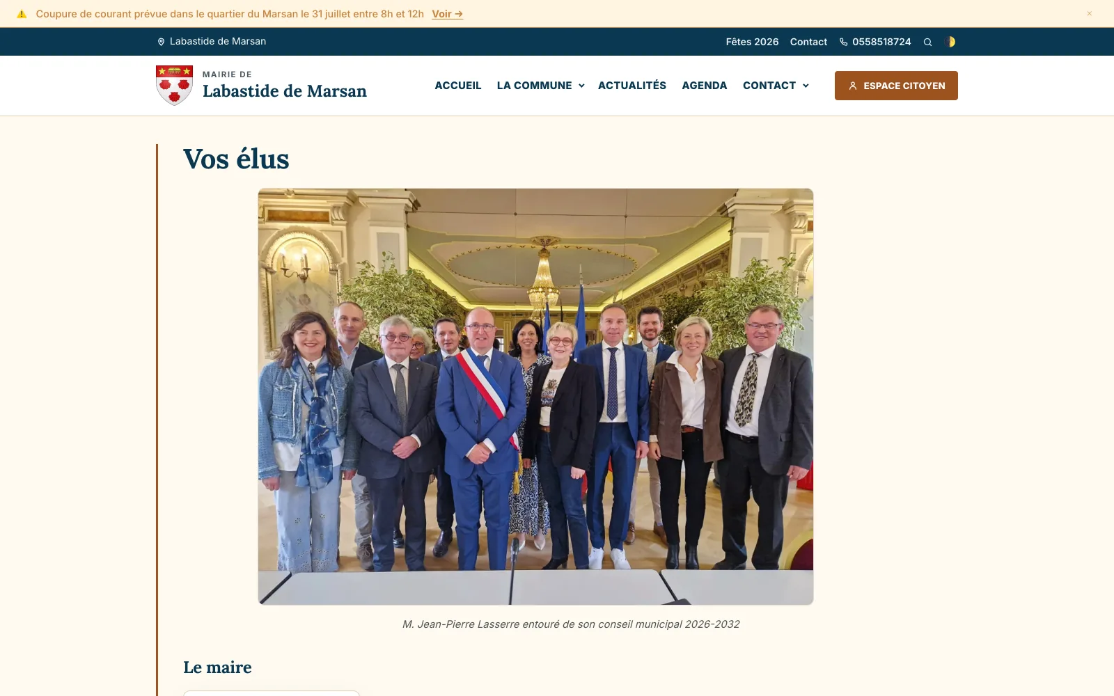 Page publique présentant le conseil municipal avec photo et fonction de chaque élu