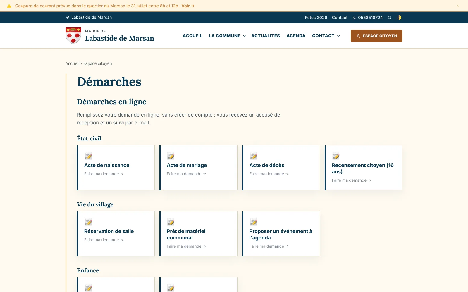 Page publique des démarches en ligne proposées aux habitants de la commune