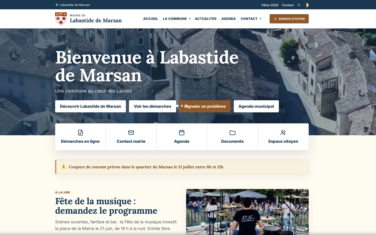 Page d'accueil du site public d'une mairie HelloMairie