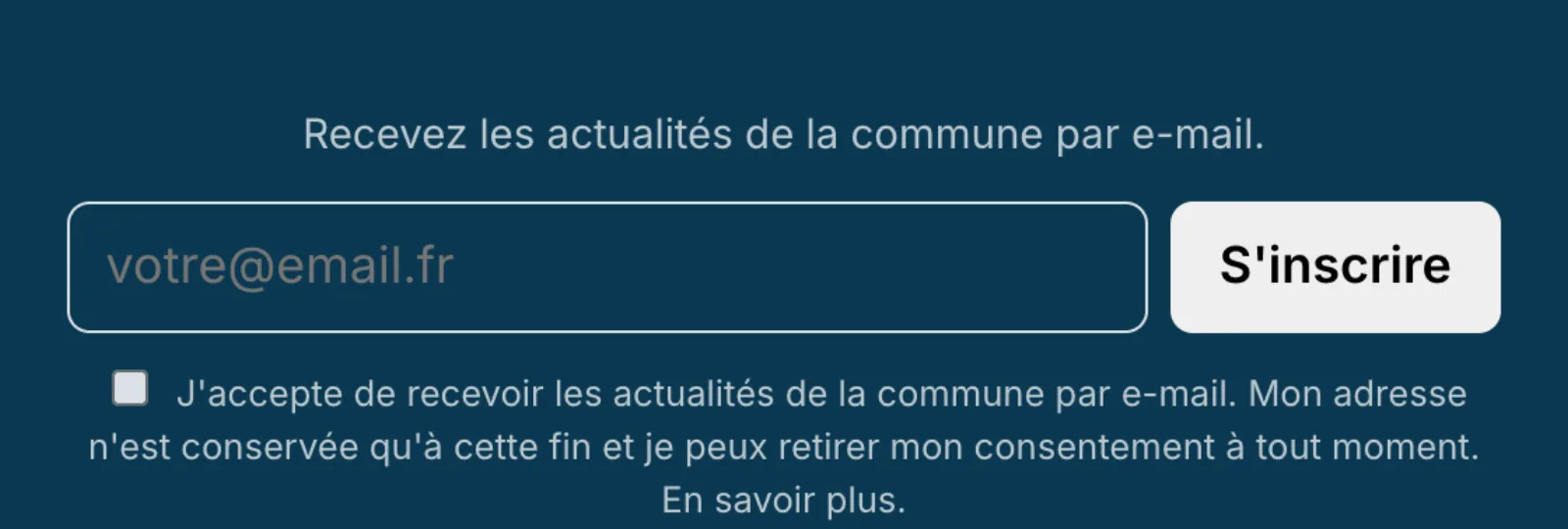 Formulaire public d'abonnement à la lettre d'information, avec case de consentement