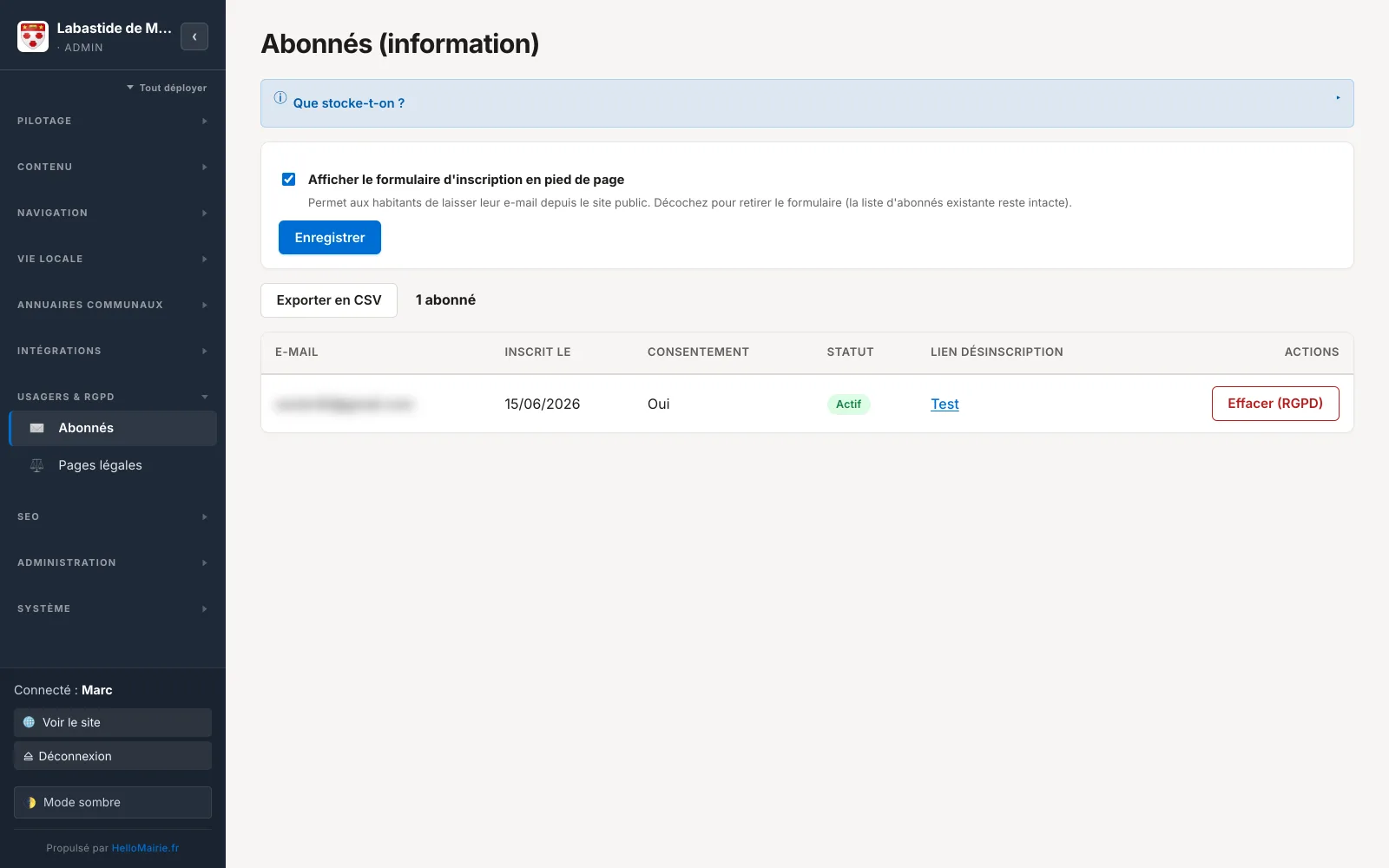 Administration de la liste d'abonnés à la lettre d'information