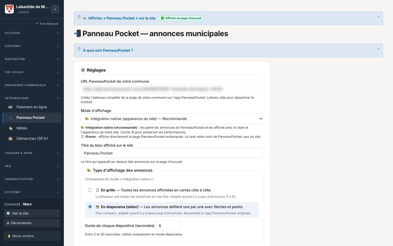Écran de configuration de l'intégration PanneauPocket dans l'administration du site