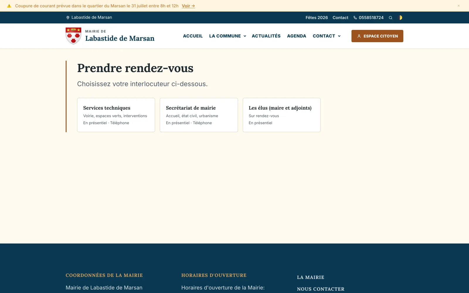 Page publique de prise de rendez-vous en mairie avec choix du motif et du créneau