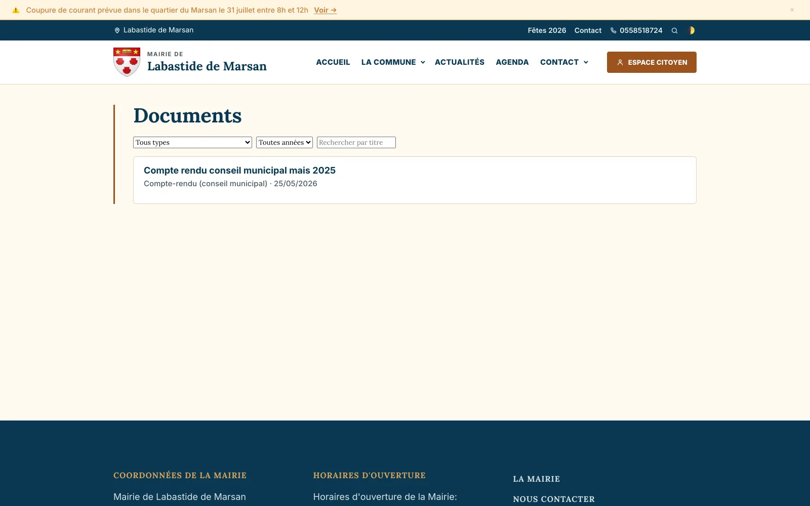 Page publique des documents officiels de la commune, téléchargeables par les habitants
