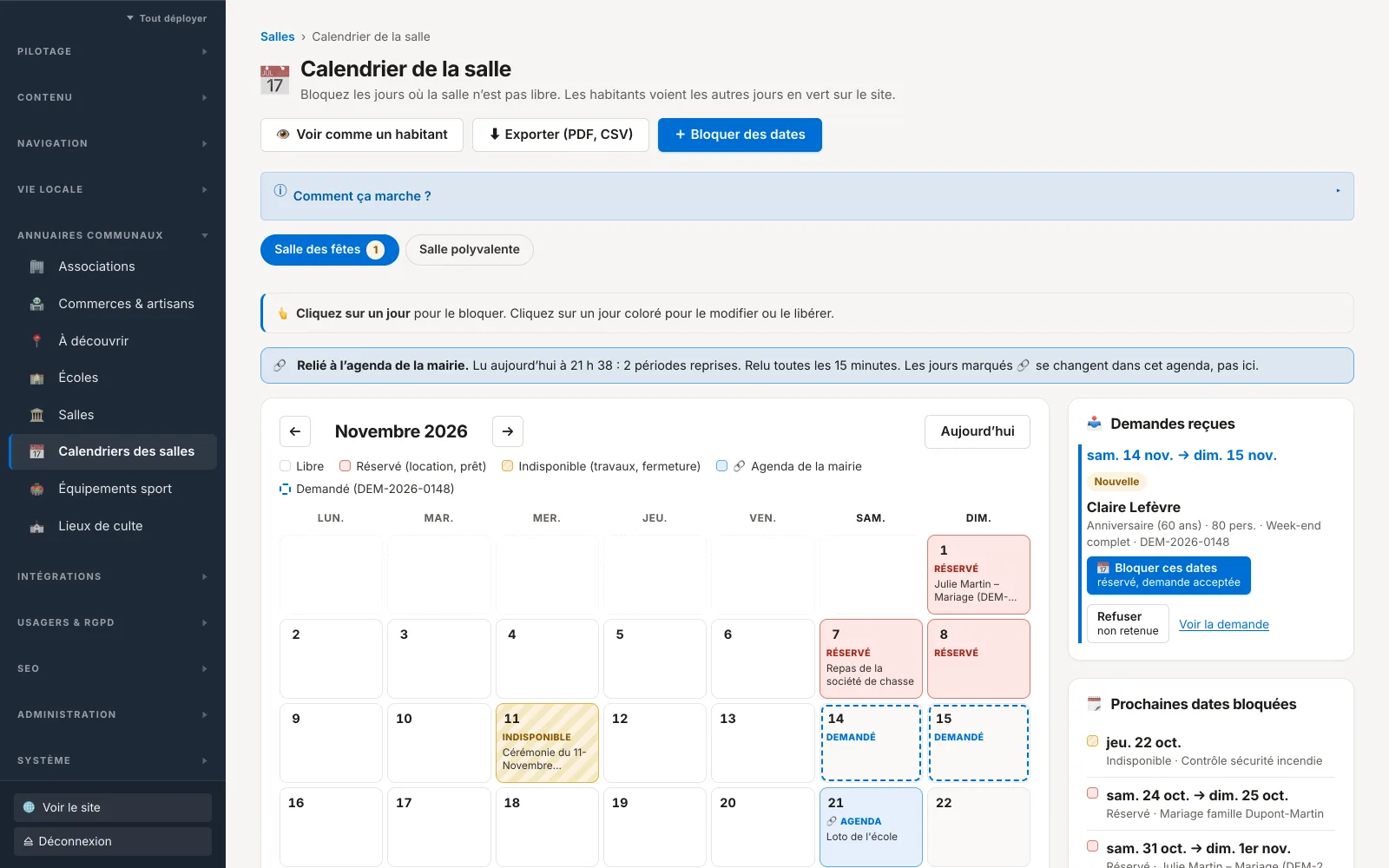 Calendrier d'une salle dans l'administration : jours réservés, jour repris de l'agenda de la mairie et demande reçue à traiter