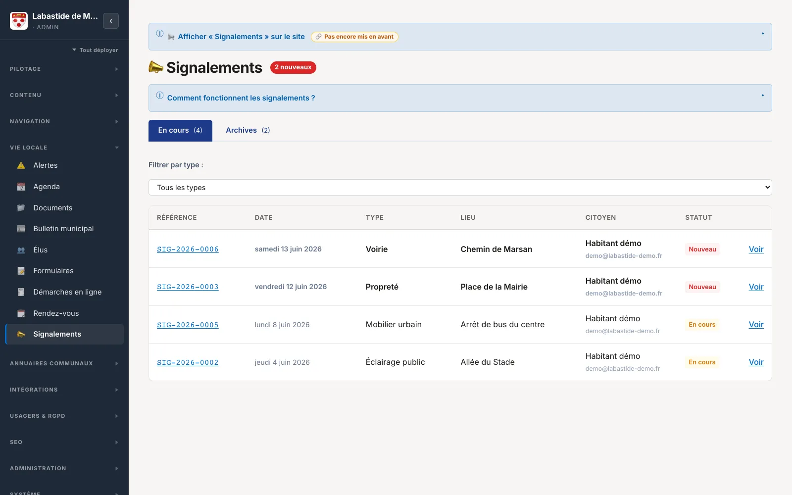 Tableau de bord des signalements reçus, avec photo, localisation et statut