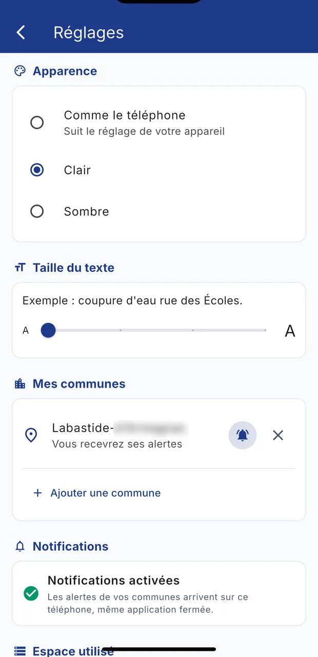 Les réglages : apparence, taille du texte, communes suivies et notifications.