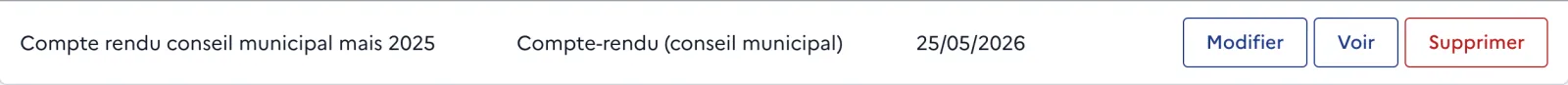 Une ligne du registre des documents : titre, type, date officielle et actions.