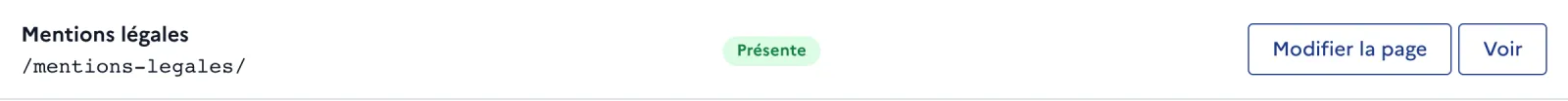 Le tableau des pages légales : « Présente » ou « Manquante » pour chacune.