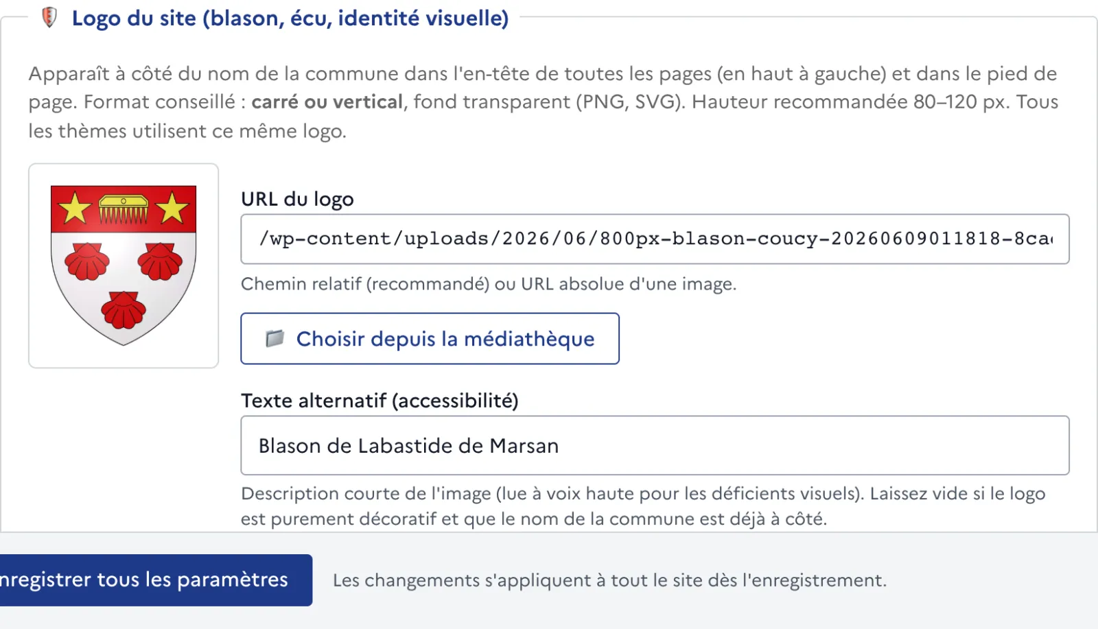 Le réglage du logo, dans Paramètres › Identité du site.