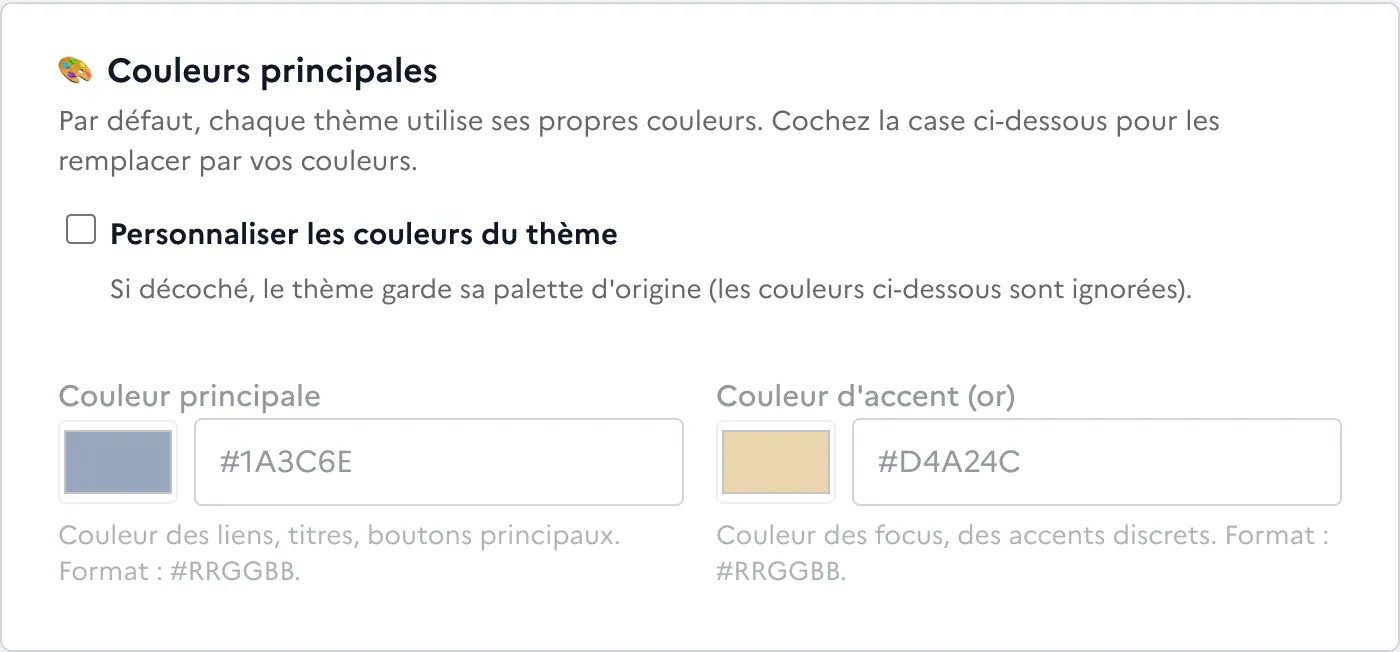 Personnaliser les couleurs (principale et accent) du thème actif.