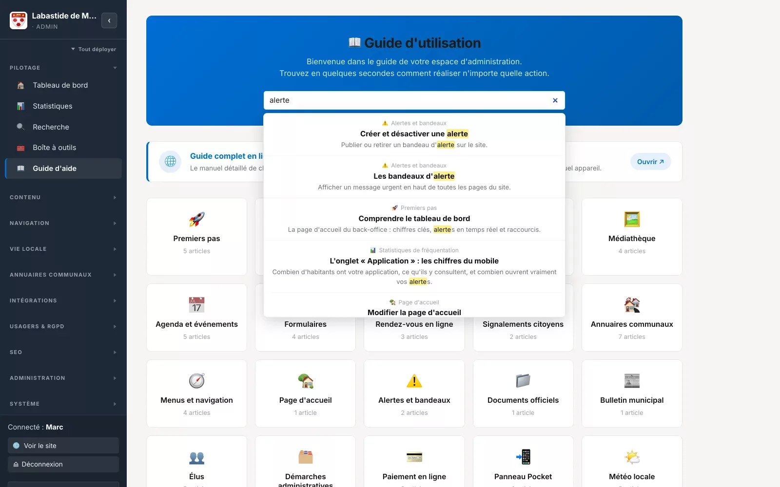 Le guide d'utilisation intégré à HelloMairie, avec la recherche du mot « alerte » et ses résultats