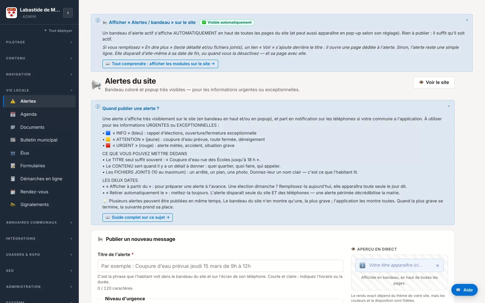 Écran des alertes de HelloMairie : le panneau d'aide déplié explique les niveaux d'urgence et la date de retrait automatique